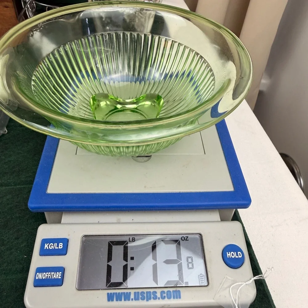Federal Glass Diana Uranium Glass Bowl Green Ribbed Depression Glass 7 inch